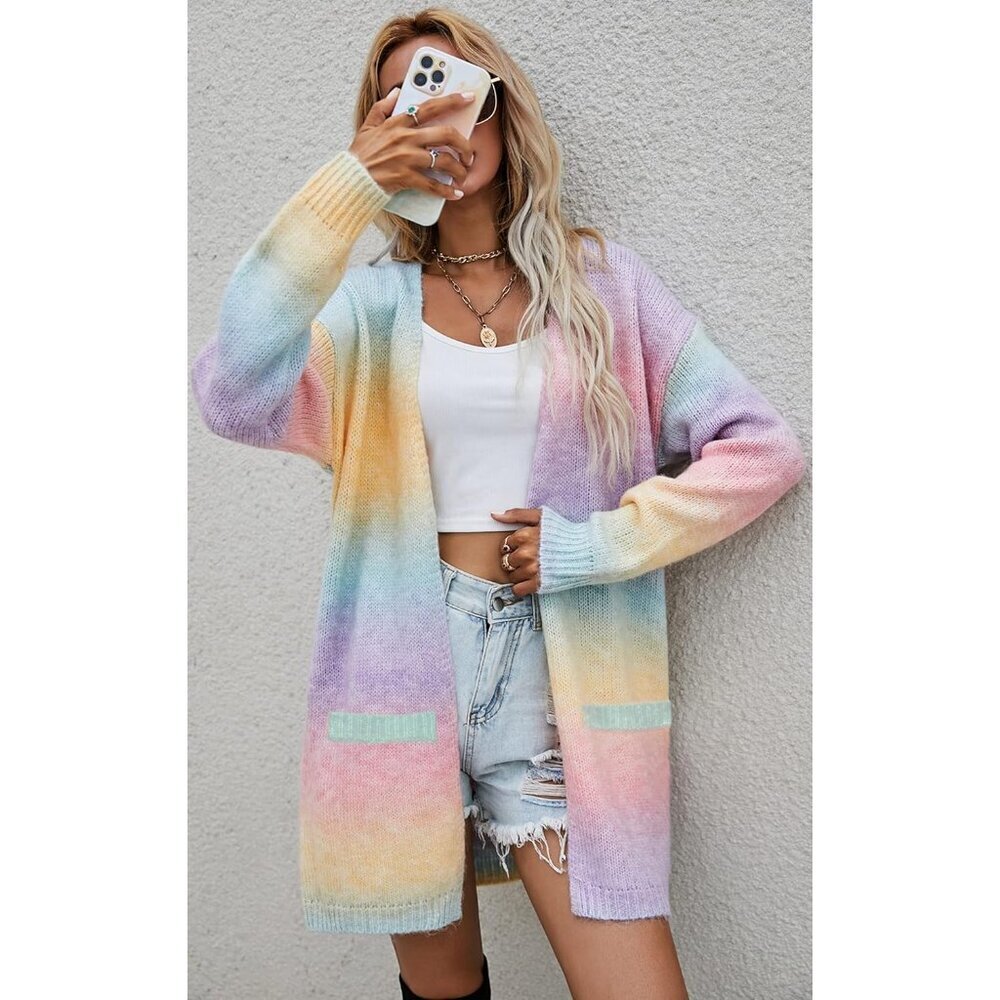 Women’s Color Block Cardigan Sweater Knit Long Sleeve Open Front Casual - Picture 7 of 8